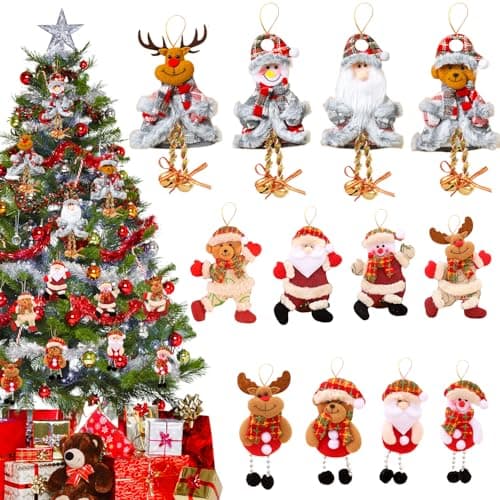 Image of 12PCS Mini Christmas Tree Hanging Ornaments Set, Christmas Tree Decoration Santa Claus Snowman Reindeer Bear Hanging Pendant for Indoor Holiday Decor