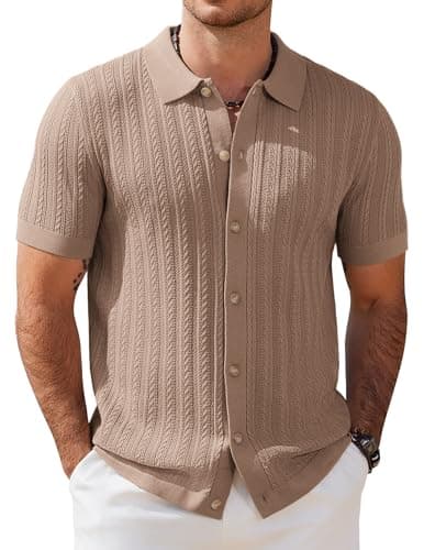 Image of COOFANDY Men's Short Sleeve Knitted Polo Shirts Stretch Cable Knit Full Button Golf Shirt Polo T-Shirt Khaki M