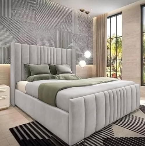 Image of 6FT Super King Wingback Bed Frame With Headboard Upholstered In Ice Silver Plush Velvet Frame Wooden Slats - No Storage - No Mattress (Ice Silver, 6FT Super King Bed Frame)