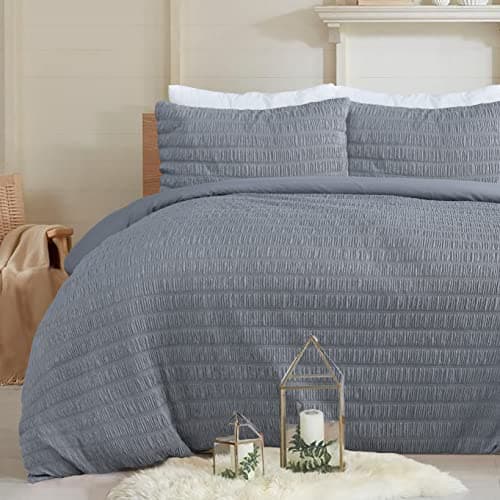 Image of Sleepdown Seersucker Embossed Geometric Textured Charcoal Grey Duvet Cover Quilt Pillow Cases Bedding Set Soft Easy Care - Double (200cm x 200cm)