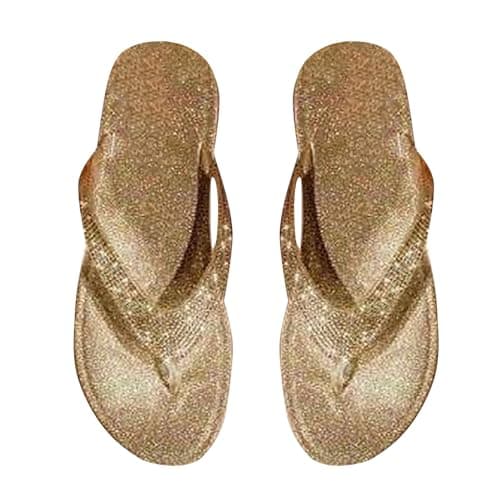 Image of Beach Slippers Women Size UK 6 Rhinestones Bling Sandals for Women | Ladies Summer Beach Pool Shoes | Walking Thong Sandal | Flip Flops with Arch Support and Comfort Gold