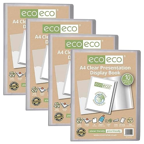 Image of eco-eco A4 Size 50 Percent Recycled 10 Pocket Clear Presentation Display Book, Storage Case Portfolio Art Folder with Plastic Sleeves, Pack of 4, eco125x4