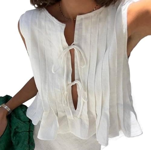 Image of Linen Bow Tie Front Tank Top Women Coquette Pleated Peplum Blouse Y2K Babydoll Ruffle Shirt Sleeveless Tunic Outfits, White, L