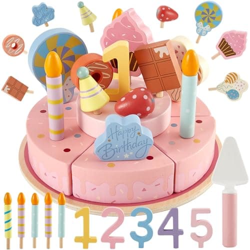 Image of LINFUN KIDS Wooden Birthday Cake Play Food Set Kitchen Pretend Toy Kids Cake Cutting with Candles, DIY Tea Party Set Gifts for Little Girls Toddlers Children 3 4 5 Years Old, Pink