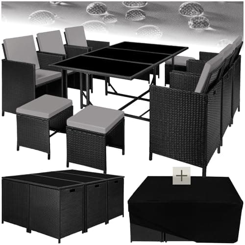 Image of tectake® Polyrattan Garden Furniture Set with Steel Base, Including 6 Dining Chairs, 1 Table, 4 Stools, Foldable Garden Lounge Set, For Up To 10 People, Patio Furniture - Black/Grey