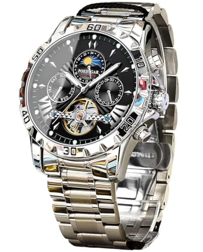 Image of FORSINING Mechanical Men's Watch, Moon Phase Tourbillon Automatic Self-Wind Wristwatch, Luxury Stainless Steel Band 43mm Big Dial Mens Wrist Watch with 3 Sub Dial, Silver Black, Modern