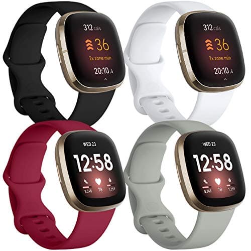 Image of JUVEL Pack 4 Straps Compatible with Fitbit Versa 3 Strap/Fitbit Versa 4/Fitbit Sense/Sense 2 Strap, Soft Sport Silicone Replacement Wristbands for Women Men, Small Black/Grey/Wine Red/White
