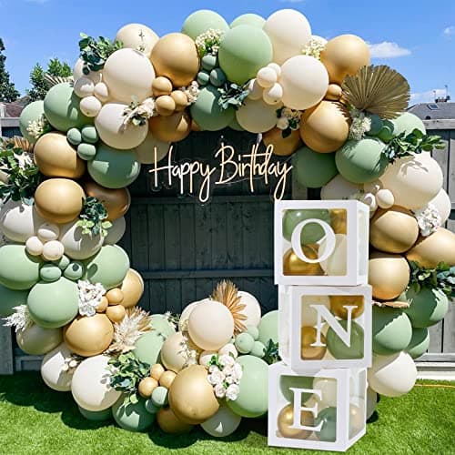 Image of 1st Birthday Decorations for Boys - 3pcs One Balloon Boxes with 112pcs Green Gold White Balloons for First Birthday Decoration Baby Boys Girls, Wild One, 1 One Year Old Birthdays Party Supplies