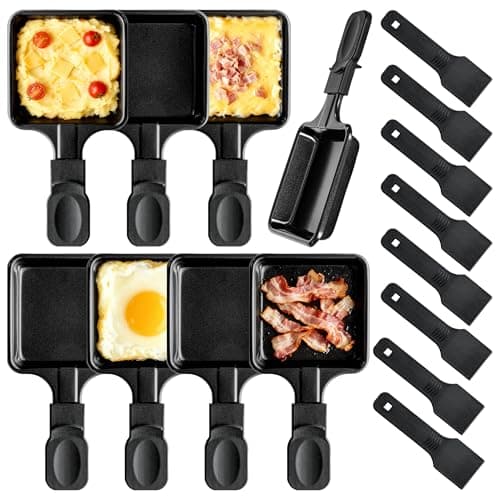 Image of Kosmosta 8 Pack Square Raclette Pans with 8 Nylon Spatulas, Non-Stick Iron Trays, Replacement Raclette Grill Pan Set for Baking Machines