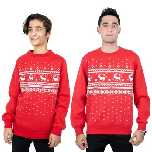 Image of NOROZE Men's Boys Matching Christmas Sweatshirt Novelty Let it Snow Elf Reindeer Ugly Sweater Unisex Family Xmas Jumper Dad Son Top (9-10 Years, Fairisle Reindeer Red)
