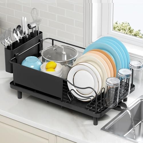 Image of KINGRACK Dish Drainer Rack, Stainless Steel Dish Rack, Draining Board Rack with Anti-Rust Frame, Optional 2 Direction Spout Sink Drain Board Design, Removable Large Utensil Holder for Kitchen, Black