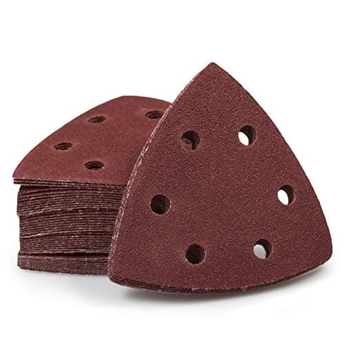 Image of SPEEDWOX 50 Pcs Triangle Sanding Pads Hook and Loop 120 Grit Oscillating Sanding Pad 90mm 6 Holes Fit 3-1/2 Inches Oscillating Multi Tool Detail Sander Sandpaper Triangle Sanding Discs Sanding Tool