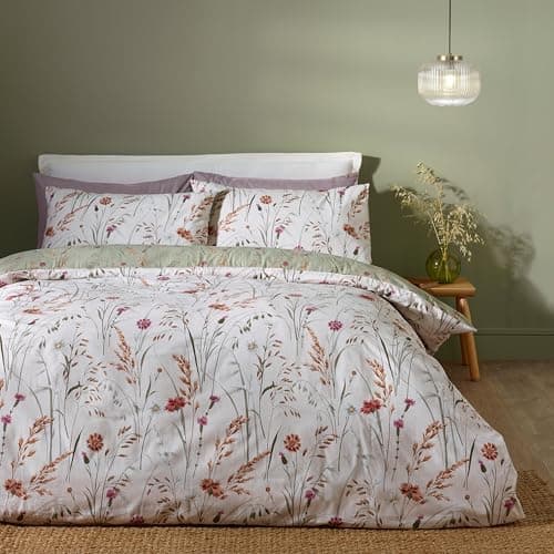 Image of Catherine Lansfield Brushed Grasmere Floral Cotton Reversible King Duvet Cover Set with Pillowcases Green