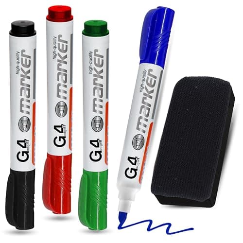 Image of G4GADGET Whiteboard Pens 4 Pack with Eraser – Dry Wipe Marker Pens Black Blue Red Green | Bullet Tip White Board Markers Erasable, Low Odour, Non-Permanent for School, Office & Home