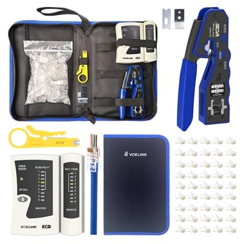 Image of VCELINK RJ45 Crimp Tool Kit, Ethernet Crimping Tool Set with 50PCS Cat6 RJ45 Pass Through Connectors, Network Cable Tester and Wire Stripper in a Cloth Bag