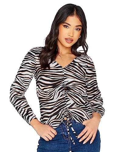 Image of PixieGirl Petite Black Zebra Print Ruched Long Sleeve Top Petite