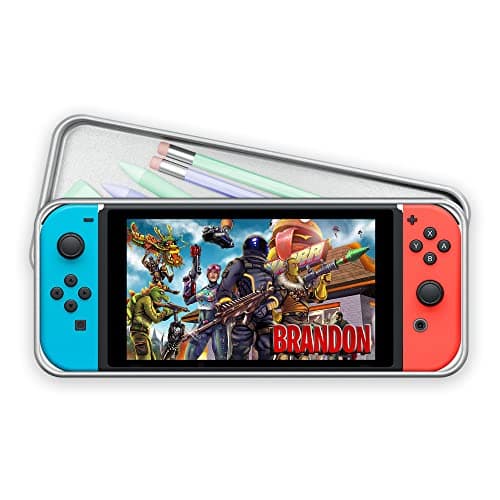 Image of Print Maniacs Personalised Nintendo Switch Game Tin Pencil Case Back to School Kids Tidy Stationary Organizer Fort (Red and Blue, Silver Case)