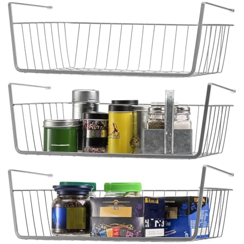 Image of Jucoan 3 Pack Under Shelf Baskets, 38 x 25.4 x 14 cm Slide in Hanging Metal Wire Storage Baskets, Under Cabinet Shelf Storage Baskets for Kitchen Pantry Cupboard Dorm Room Closet Bookshelf, Large