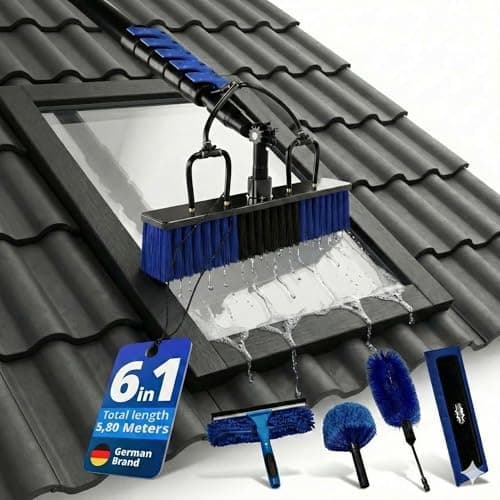 Image of Window Cleaning Equipment 19FT – Telescopic Window Cleaner Water Fed Pole, Window Cleaning Kit with Brush & 5 Attachments for Window, Solarpanels, Conservatory & Gutter Cleaning - Window Cleaning Pole