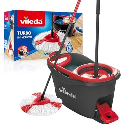 Image of Vileda Turbo 2-in-1 Microfibre Mop and Bucket Set, Spin Mop for Cleaning Floors, Set of 1x Mop and 1x Bucket,Grey/Red