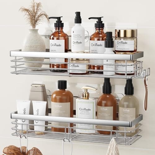 Image of Orimade Shower Caddy Stainless Steel No Drilling Adhesive Wall Mounted Shower Shelf with 5 Hooks Bathroom organiser for Shampoo Conditioner, Rustproof 2 Pack (Silver)