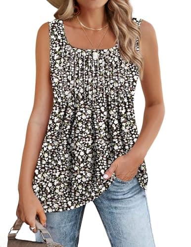 Image of Zeagoo Vests for Women Summer Pleated Sleeveless Tank Casual Cami Tank Tops Elegant Square Neck Tops Camisole Vests Shirt Loose Fit Blouse Shirt Floral Black M