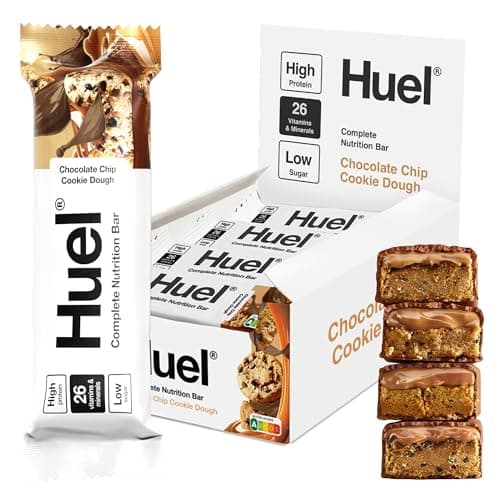 Image of Huel Complete Nutrition Bar, 12 x 55g Bars, Chocolate Chip Cookie Dough, High Protein Bar, Plant-Based Protein Bars, Low Sugar, High Fibre, High Protein Snack with Vegan Chocolate, Under 200 Calories