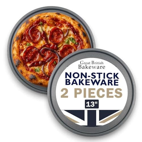 Image of Samuel Groves Pack of 2 Pizza Pan, Pizza Tray, Large 13 Inch (33cm) Non Stick Coating Oven Round Crisper, Pizza Baking Tray, Pizza Trays for Oven Non Stick Made in England