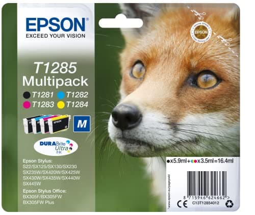 Image of Epson T1285 Fox Genuine Multipack, 4-colours Ink Cartridges, DURABrite Ultra Ink,Black/Cyan/Magenta/Yellow