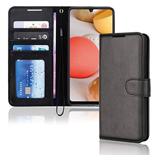 Image of TECHGEAR Galaxy A42 5G Leather Wallet Case, Flip Protective Case Cover with Wallet Card Holder, Stand and Wrist Strap - Black PU Leather with Magnetic Closure Designed For Samsung A42 5G