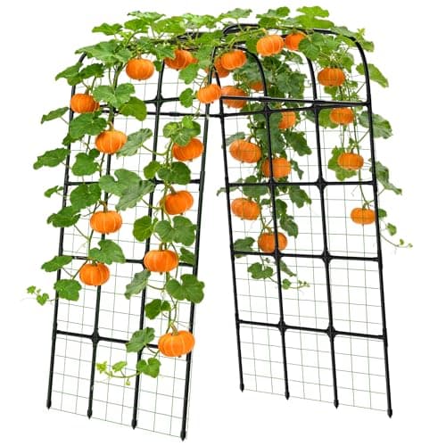 Image of MYMULIKE Garden Trellis Arch, 210cm PP-Coated Stainless Steel Metal Extra Tall Cucumber Trellis Arch Garden Arch Trellis for Climbing Plants Outdoor Vegetable Trellis with Trellis Netting