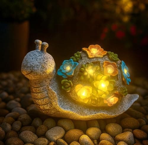 Image of Solar Snail Garden Ornament Outdoor Snail Statue with Succulent Plant & LED Lights, Decorative Animal Figurine for Patio, Balcony, Yard, Lawn – Unique Housewarming Gift for Friend, Grandparents