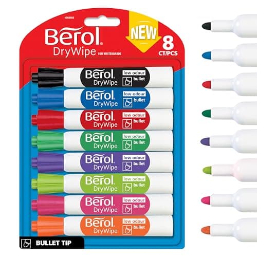 Image of Berol Dry Wipe Whiteboard Marker Pens | Bullet Tip | Assorted Colours | 8 Count Dry Erase Markers