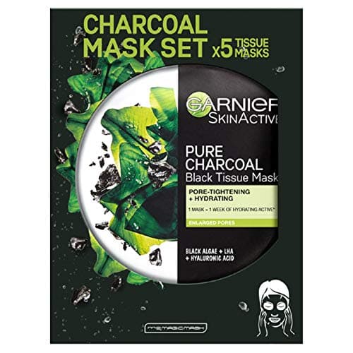 Image of Garnier Charcoal and Algae Purifying Tissue Mask, Hydrating Tissue Face Sheet Mask for Enlarged Pores Pack of 5