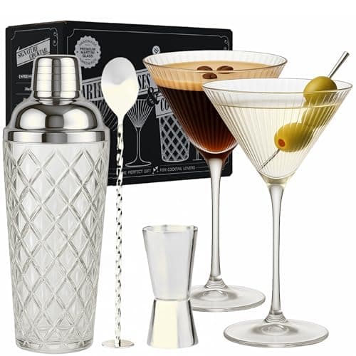 Image of Vemacity Luxury Bar Tool Set | 500ml Glass Cocktail Shaker + 2 Ribbed Martini Glasses & Silver Cocktail Accessories: Spoon, Jigger | Elegant Mixology Bartender Kit | Bar Set | Ideal for Gifting
