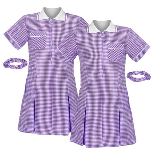 Image of janisramone® Girls Gingham School Dress, Pack of 2 Short Sleeve Check Print Summer Dress, Zip Up Pleated School Uniform Girls with Side Pockets and Hair Bobble, Ages 3-18 Purple