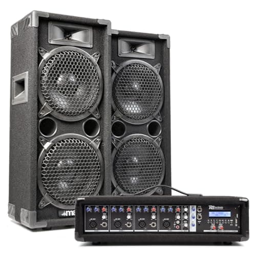 Image of MAX28 Dual 8" Passive Speaker Complete PA System with 4-Channel Bluetooth Mixer, 800W Audio Power, Two 6m Jack Cables for Bands, Vocalists, Churches, Karaoke, Events, Rehearsals, and DJs