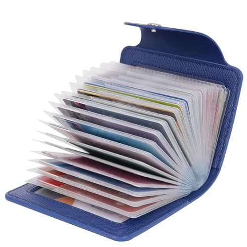 Image of IHIGOGOFA Credit Card Holders Soft Genuine Leather Compact Wallet ID Bank Card Case Purse 40 Thickening Durable Plastic Insert Sleeves and 2 ID Card Slots (Blue)