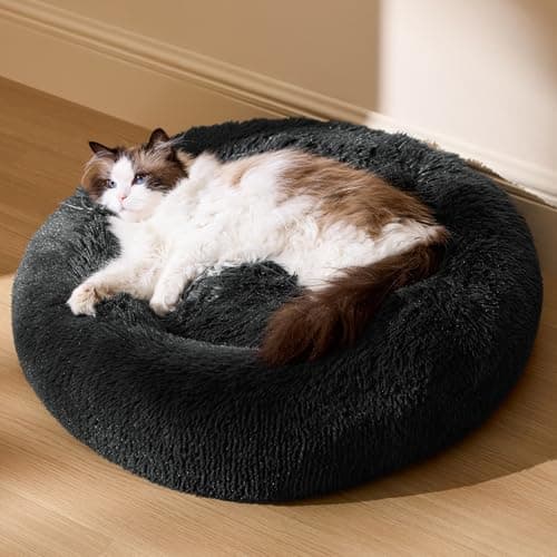 Image of Bedsure Plush Round Cat Bed - 50x50x13cm Washable Cat Beds for Indoor Cats Small Dogs, Fluffy Calming Anti Anxiety Kitten Puppy Bed, Dark Grey