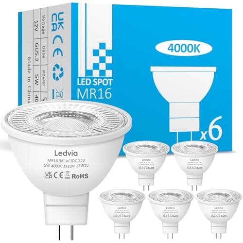 Image of Ledvia MR16 LED Bulbs 12V 5W, Natural White 4000K, Replacement for 50W MR16 Halogen Bulbs, 391LM 38°Beam Angle, GU5.3 Bi Pin Base for Indoor Outdoor Recessed Track Lighting, 6 Pack