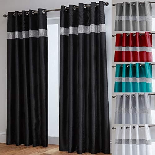 Image of John Aird Diamante Fully Lined Faux Silk Eyelet Curtains (Black, 66" Wide x 90" Drop)