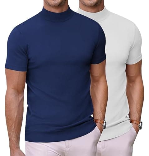 Image of COOFANDY High Neck T Shirts Men's Turtle Neck Tops 2 Packs Short Sleeve Slim Fit Knitted Tee White & Navy Blue (2 pcs) XL