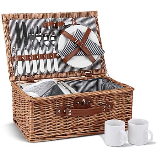 Image of ZORMY Wicker Picnic Basket for 2, Willow Hamper Basket Sets with Insulated Compartment, Handmade 2 Person Picnic Basket with Utensils Cutlery Perfect for Picnic, Camping (Grey Stripe A)