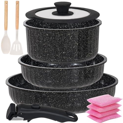 Image of Vivicreate 11 Piece Pots and Pans Set Nonstick with Removable Handle, Induction Cookware, Stackable Kitchen Set for RV Camping Apartment, Frying Pan and Saucepan (Black)