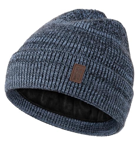Image of Wmcaps Beanie for Men, Stretchy Soft Cuffed Wooly Beanie with Thick Warm Lining, Unisex Classic Winter Hat, Gifts for Women/Men/Her/Him/Dad(Blue/Black)