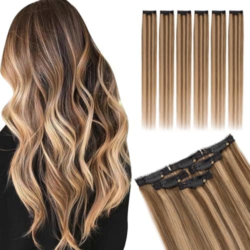 Image of Elailite Real Hair Clip In Extensions Human Hair Double Weft 6 Pcs Seamless Highlights Hairpieces Straight Remy - #4/27 Medium Brown Mix Dark Blonde - 18 Inch 44g