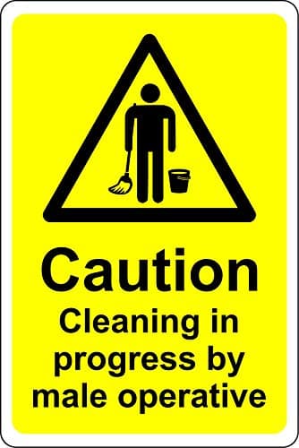 Image of Caution cleaning in progress by male operatives toilet Safety sign - 1.2mm Rigid plastic 300mm x 200mm