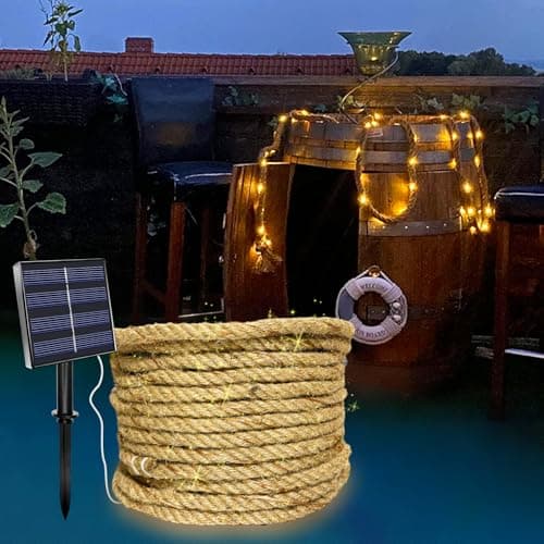 Image of MEDOYOH 15M Solar Rope Fairy Light of 300 LED, Solar Hemp Rope String Lights with 8 Lighting Modes Waterproof for Garden Patio Balcony Swing Trunk Decor