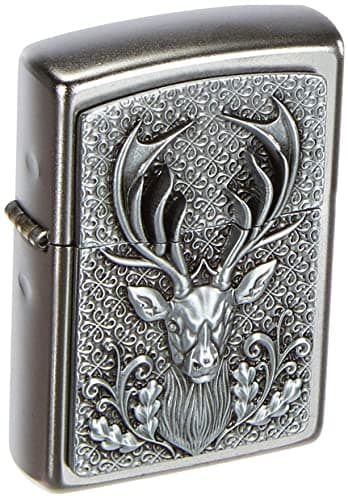 Image of Zippo Windproof Lighter - Deer Head - Satin Chrome, Emblem - Refillable for Lifetime Use - Adjustable Flame - Gift Box - Metal Construction - Made in USA