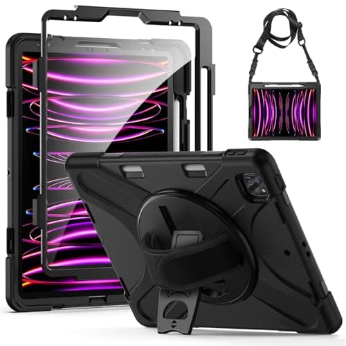 Image of Gerutek Case for iPad Pro 12.9 with Screen Protector, iPad Pro 6th/5th/4th/3rd Gen 12.9 Case Shockproof Rugged Cover with 360° Rotating Stand & Hand/Shoulder Strap,Pen Holder for iPad 12.9 Pro, Black